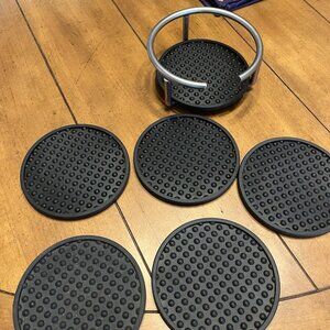 BLACK RUBBER COASTER SET OF SIX WITH METAL HOLDER HOME OR CAR USE